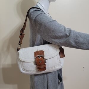 Coach White and Tan Buckle Shoulder Bag